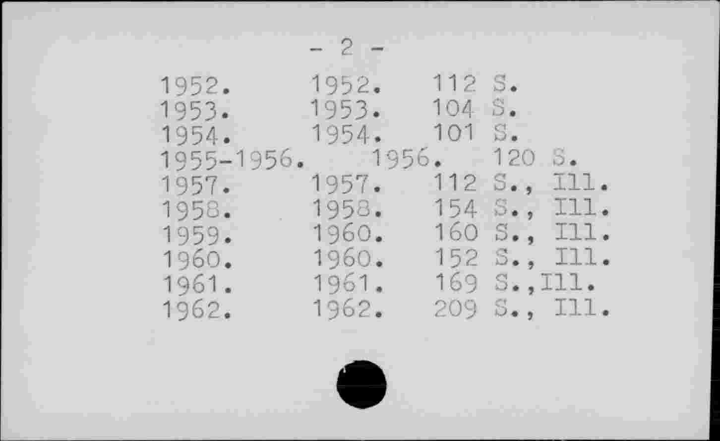 ﻿- 2 -
1952.	1952.	112	S.
1953.	1953.	104	s.
1954.	1954.	101	s.
1955-1956.	1956		120 S.
1957.	1957.	112	S., Ill
1958.	1958.	154	S., Ill
1959.	I960.	160	S., ni
I960.	I960.	152	S. , Ill
1961.	1961.	169	S. ,111.
1962.	1962.	209	s., Ill